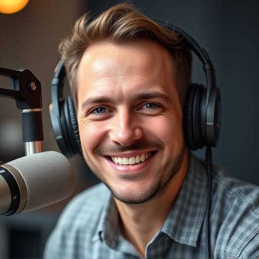 Retrato de uma locutora profissional, sorrindo e usando fones de ouvido.